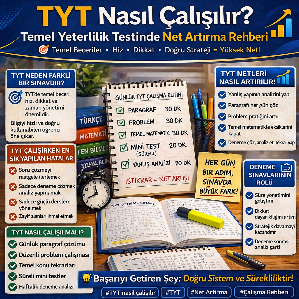 TYT Nasıl Çalışılır? Temel Yeterlilik Testinde Net Artırma Rehberi kapak görseli